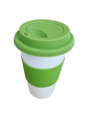 Reusable White Travel Mug with Green Lid and Grip
